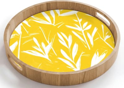 Dienblad rond 40x40 cm - Schootdienblad hout - Abstract - Bladeren - Geel - Penseelstreken - Borrelplank rechthoek - Plateau houten dienbladen
