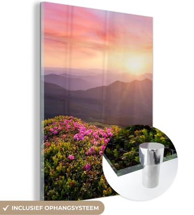 MuchoWow® Glasschilderij 30x40 cm - Schilderij acrylglas - Bloemen - Berg - Zonsondergang - Landschap - Foto op glas - Schilderijen