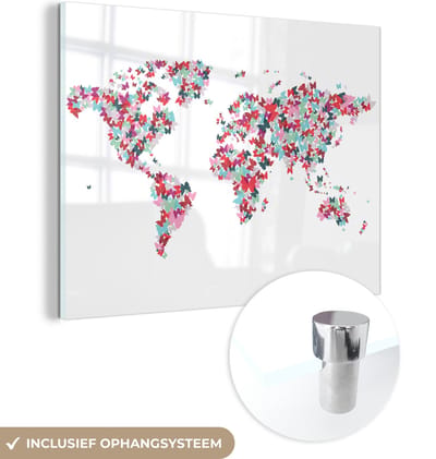 MuchoWow® Glasschilderij 80x60 cm - Schilderij acrylglas - Wereldkaart - Vlinders - Kleuren - Foto op glas - Schilderijen