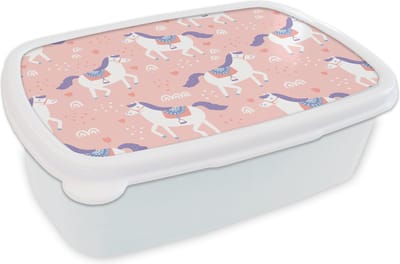 Broodtrommel Wit - Lunchbox - Brooddoos - Paard - Hart - Patronen - 18x12x6 cm - Volwassenen