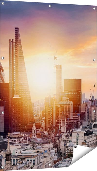Gards Tuinposter Londen Stad bij Zonsopgang - 80x120 cm - Tuindoek - Tuindecoratie - Wanddecoratie buiten - Tuinschilderij