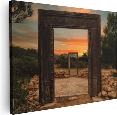 Artaza Canvas Schilderij Poort Zonsondergang - 40x30 cm - Klein - Muurdecoratie Griekenland - Wanddecoratie Landschap - Kamer Accessoires Natuur