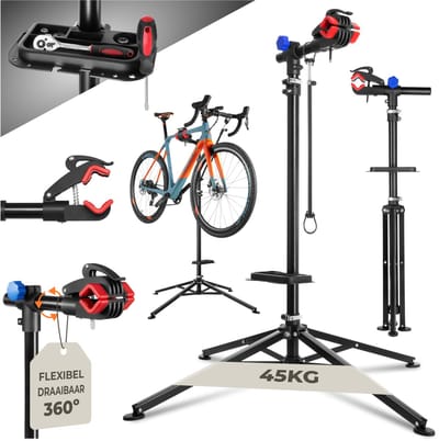 tectake® Fiets Montagestandaard - Fietsenstandaard - Fietslift - E-Bike & Fiets Reparatiestandaard - Geschikt voor alle soorten Fietsframes - Traploos Verstelbaar (117 - 200 cm) en 360° draaibaar - met Magnetische Gereedschapsbak