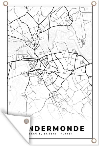 Muurdecoratie Stadskaart – Zwart Wit - Kaart – Dendermonde – België – Plattegrond - 120x180 cm - Tuinposter - Tuindoek