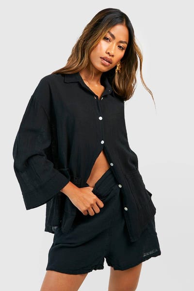 boohoo Dames Textuurrijk Lichtgewicht Katoenen Oversized Shirt | Zwart | Maat: 42
