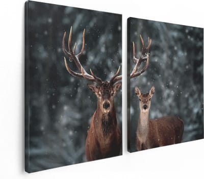 Artaza Canvas Schilderij Tweeluik Twee Herten Met Sneeuw - 120x80 cm - Wanddecoratie Woonkamer - Schilderijen - Muurdecoratie