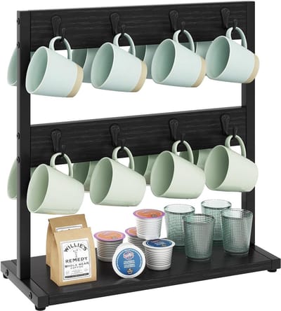 Famanu – Houten mokkenhouder met 16 haken + opbergbasis – mokboom organizer voor aanrecht – zwart