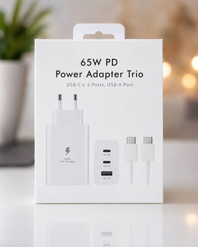 65W PD Power Adapter Trio – USB-C x2 + USB-A Snellader "wit"