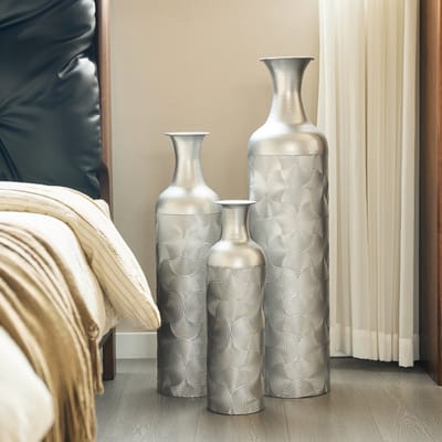 Vaas Set 3-delig - Grote Deko Vazen - Wellenpatroon - Plantenpotten voor Planten - Woonkamer & Gang - Metaal - Zilver