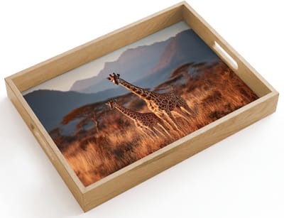 Dienblad hout 40x30 cm - Schootdienblad - Giraffen - Hoog gras - Acaciabomen - Borrelplank rechthoek - Plateau dienbladen