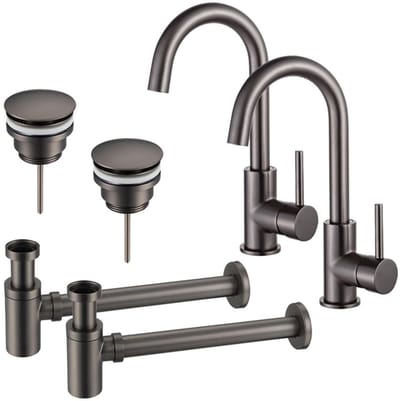 FugaFlow Eccelente Sobrado Badkamer Wastafelkraanset - voor dubbele wastafel - hoge wastafelkraan - draaibare uitloop - klikwaste plug - verlaagde design sifon - PVD Gepolijst Gunmetal -
