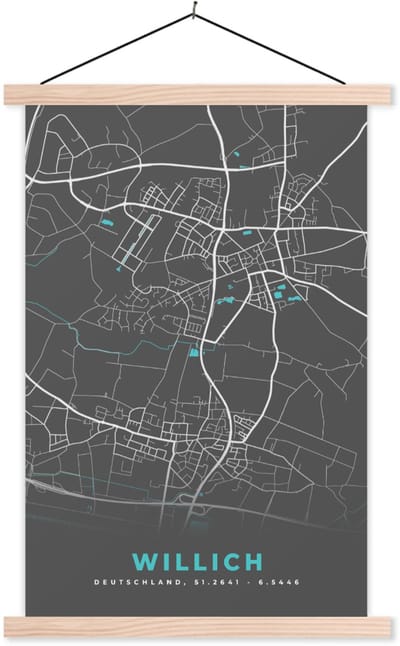 Posterhanger incl. Poster 40x60 cm - Schoolplaat - Stadskaart – Kaart – Willich – Blauw – Duitsland – Plattegrond - Textielposter - Blanke latten - Stadskaart