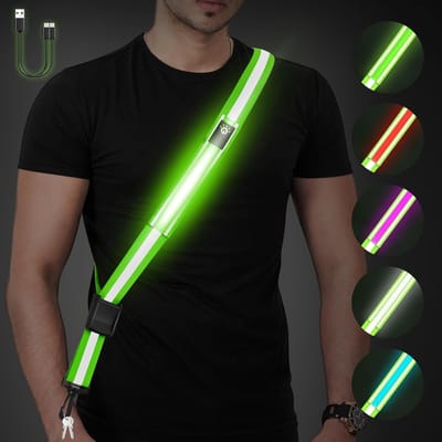 LED Reflective Belt Sash - 5 Lights Colors & 3 Light Modes High Visibility Night Safety Belt, Rechargeable Light Up Running Gear Adjustable Vest Straps for Runners Walkers Men Women- Green