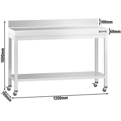 GGM Gastro Edelstahl Arbeitstisch PREMIUM - 1200x700mm - mit Grundboden, Aufkantung & Rollen