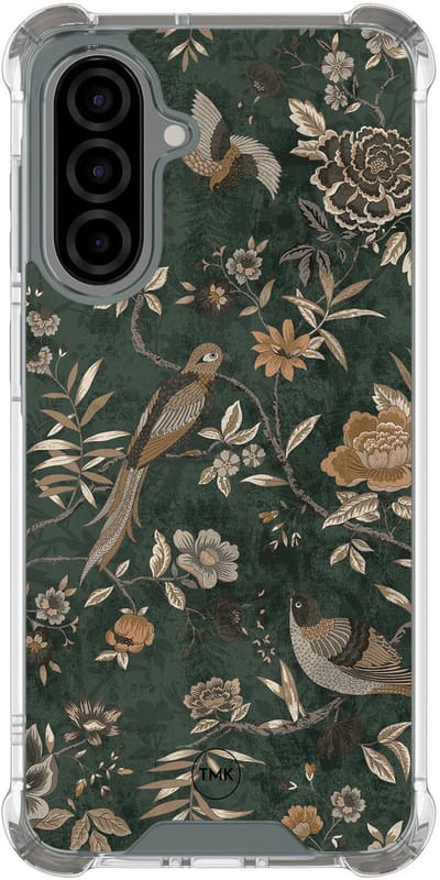 Shockproof hoesje geschikt voor Samsung Galaxy A36 - Khaki golden flowers - Schokbestendig - Verhoogde randen - TPU case - Extra Sterke Back Cover - Bloemen - Transparant, Groen