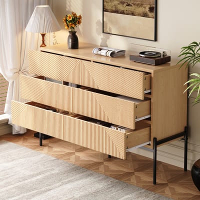 DESMIU Dressoir - Geometrisch Design Met Zes Laden - Opbergmeubel Voor Woonkamer En Eetkamer - MDF - 115,5x38x75 Cm - Naturel