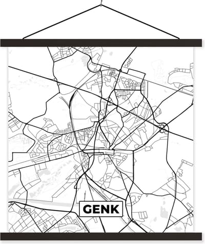 Posterhanger incl. Poster 60x60 cm - Schoolplaat - Stadskaart – Plattegrond – België – Zwart Wit – Genk – Kaart - Textielposter - Zwarte latten - Stadskaart