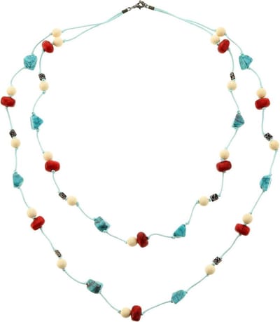 Behave - Lange dubbele ketting van touw met rode en turquoise kralen, 66 cm