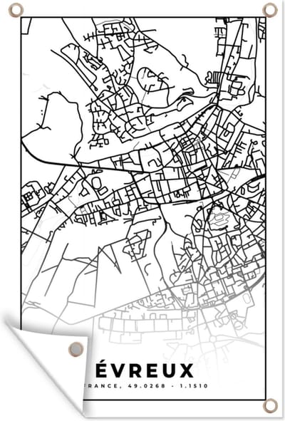 Muurdecoratie Stadskaart – Plattegrond – Évreux - Kaart – Frankrijk - Zwart wit - 120x180 cm - Tuinposter - Tuindoek