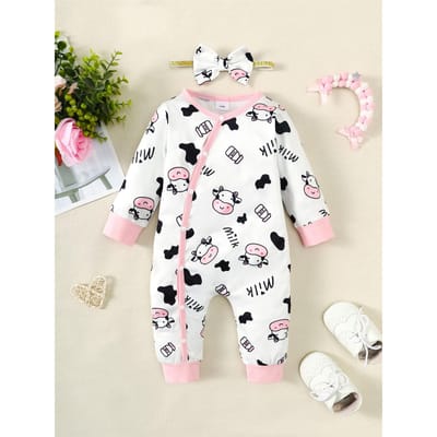 2 STUKS Nieuwgeboren Baby Meisje Mode Jumpsuit Schattige Koe Lange Mouw Bodysuit+Hoofdband Lente&Herfst Romper voor Peuter Meisje 0-18 Maanden 12-18M white