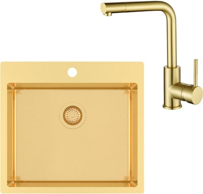 GURARI Roestvrijstalen spoelbak TERRA 100 N + Keukenkraan 5553, Inbouwspoelbak 550x505 mm, goud, rechthoekig