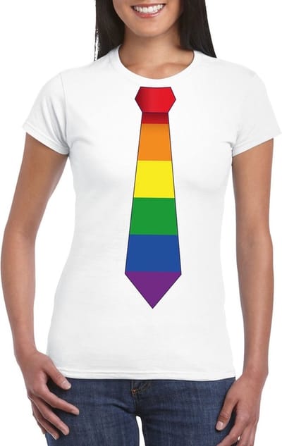 Wit t-shirt met regenboog stropdas dames - LGBT/ Gay pride shirts S