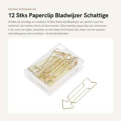 Dailygoods- Paperclip Set van 12 - Metalen Bladwijzer - Kantoor/School - Antislip - Schattige Pijlvorm - Hoogwaardige Klemkracht