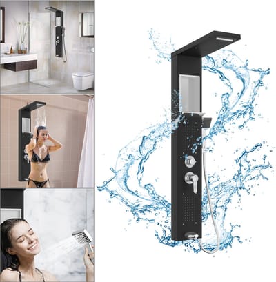 Froadp Zwart 5-In-1 Douchepaneel Rvs Douchesysteem Douchearmatuur Regendouche Met Regendouchefunctie, Opbergvak, Twee-In-Een Douchekop, Flexibele Handdouche & Massagefuncties