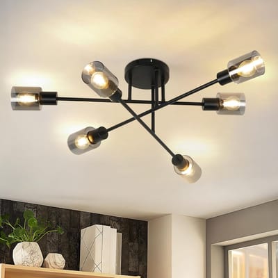 Glitzerlife - Plafondspot Plafondlamp - Industrieel Vintage - Opbouwspots Keuken - Draaibaar en Kantelbaar - Glas en Metaal - 6xE14 fitting - Ø74cm - Zwart