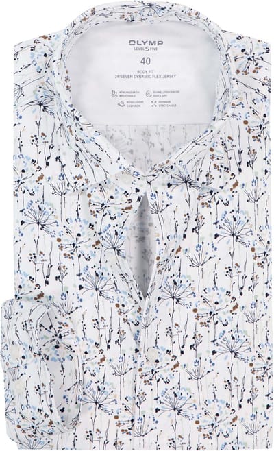 OLYMP 24/7 Level 5 body fit overhemd - tricot - wit met blauw en groen dessin - Strijkvriendelijk - Boordmaat: 43 (EU maat: XL)