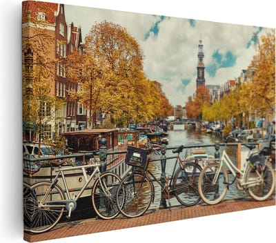 Artaza Canvas Schilderij Grachten Amsterdam - 30x20 cm - Klein - Wanddecoratie Herfst - Muurdecoratie Fiets - Kamer Accessoires Woonkamer