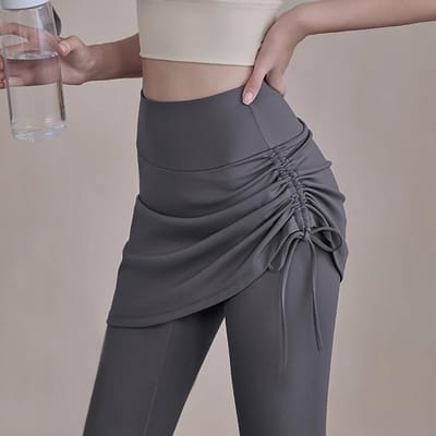 Pantalon de Yoga Jupe Faux Deux Pièces Anti-gênant Taille Haute Remonte Fesses Ventre Plat Collant Sports Extérieurs Anti-exposition Leggings de Fitness XL gris