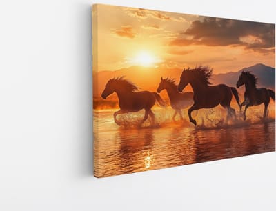 Saammp Canvas Schilderij - Rennende Groep Paarden - Dieren - Natuur - 45x30 - Foto op canvas - Wanddecoratie - muurdecoratie Woonkamer - Slaapkamer decoratie - Canvas Print
