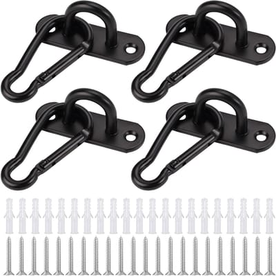 Set van 4 RVS Ovale Pad Oogplaten met Carabiners, Schroeven en Plastic Pluggen voor Lampen, Ventilatoren en Bloempotten