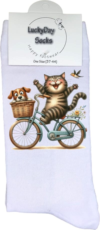 Poes - Fiets - Opkikker - Grappige sokken - Valentijn cadeau - Verjaardag cadeau - Sint cadeau - Leuke sokken - Vrolijke sokken - Cadeautje - Grappig cadeau - Hond - Kerstcadeau - Vaderdag - Moederdag - Socks maken Happy - Maat 37-44