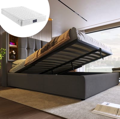MEUNIQ tweepersoonsbed 140x200 cm met opbergruimte, lattenbodem, hoofdbord met draadloos opladen, USB en USB-C, grijs stoffen bedframe voor slaapkamer