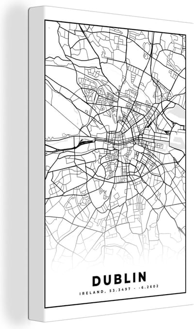 Canvas Schilderij Dublin - Stadskaart - Zwart Wit - Plattegrond - Kaart - 20x30 cm - Wanddecoratie