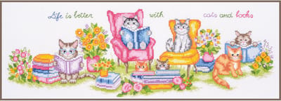 Vervaco - Telpakket kit Poesjes en boeken - PN-0213990 - Borduren - Borduurpakket - Borduurpakket volwassenen - Borduurpakket kind