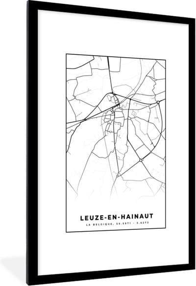Fotolijst incl. Poster Zwart Wit- België – Leuze en Hainaut – Stadskaart – Kaart – Zwart Wit – Plattegrond - 80x120 cm - Posterlijst