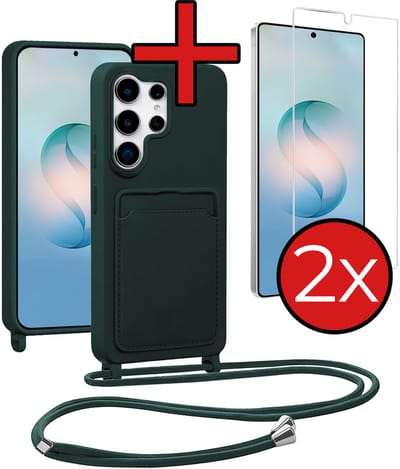 Hoesje Geschikt voor Samsung S26 Ultra Hoesje Siliconen Case Met Koord Met 2x Screenprotector - Hoes Geschikt voor Samsung Galaxy S26 Ultra Hoesje Backcover Met Telefoonkoord - Donkergroen