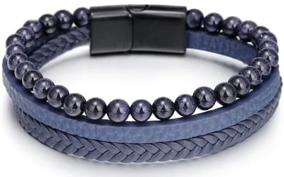 Armband Heren - Blauw Leer met Blauwe Kralen - Leren Armbanden - Kralenarmband - Papa Cadeau Voor Mannen - Vaderdag