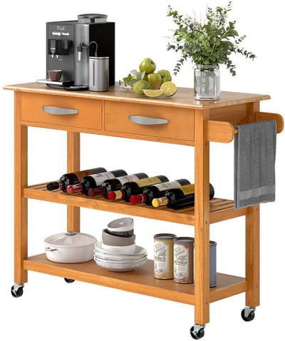 Keukeneiland - Verplaatsbaar - Keukenkast - Dressoir - Organizer - Kasten - Houten Werkblad - Bruin