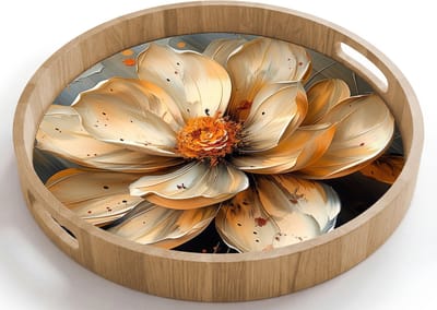Dienblad rond 40x40 cm - Schootdienblad hout - Bloemen - Goud - Kunst - Zwart - Modern - Borrelplank rechthoek - Plateau houten dienbladen