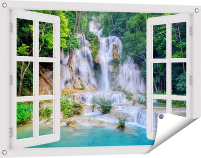 Gards Tuinposter Doorkijk Waterval in het Tropische Natuur - 90x60 cm - Tuindoek - Tuindecoratie - Wanddecoratie buiten - Tuinschilderij