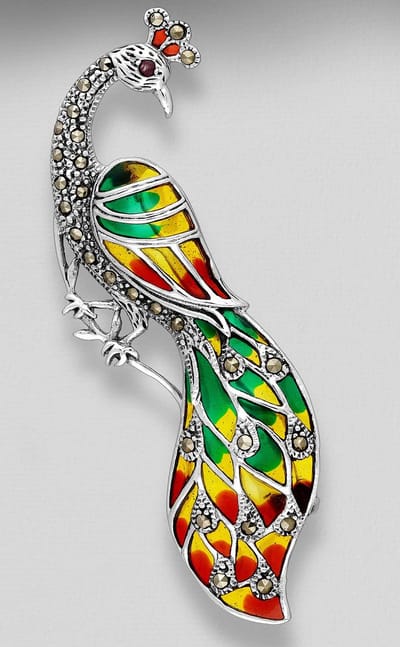 Sterling zilveren hanger en broche van pauw geel, rode en groen veren - zilveren hanger geel, rode en groen pauw - broche pauw met gekleurde veren - 925 zilveren broche en hanger in een van gekleurde pauw