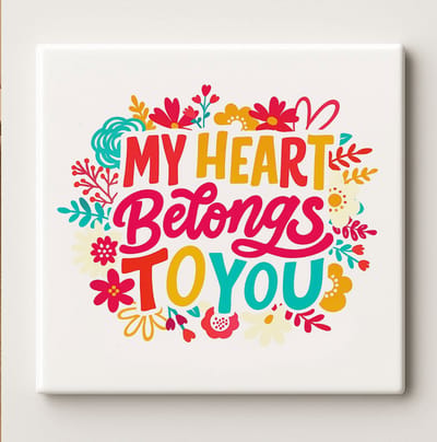 Romantische Tegel “My Heart Belongs to You” 15x15 cm – Kleurrijke Bloemen Keramische Cadeautegel voor Valentijnsdag, Jubileum of Geliefden