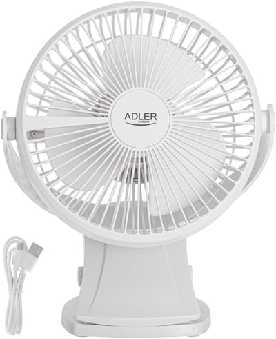 Adler - Bureau ventilator met klem - Oplaadbaar USB-C - 15,5 cm - 360° draaibaar - Wit