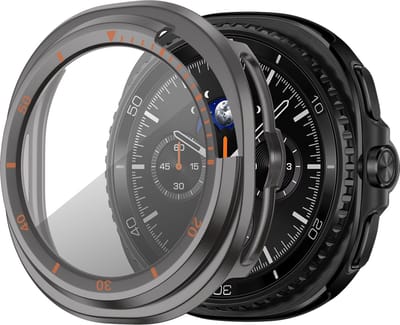 Bandz PC hard case hoesje met screenprotector - geschikt voor Samsung Galaxy Watch 8 Classic - beschermhoes van hard plastic met bezel - full cover (titanium grijs/oranje)
