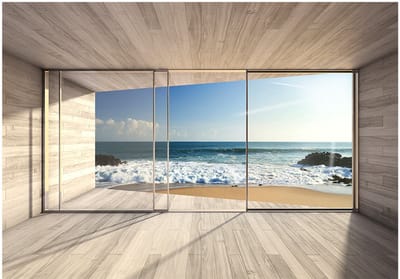 Fotobehangkoning - Behang - Vliesbehang - Fotobehang - Finding a Dream - 3D Uitzicht op Zee vanuit het Raam - 400 x 280 cm