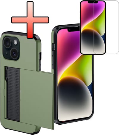 Hoes Geschikt voor iPhone 14 Hoesje Pasjeshouder Hard Cover Met Screenprotector Shock Proof Hard Case Hoes Met Kaarthouder - Donkergroen